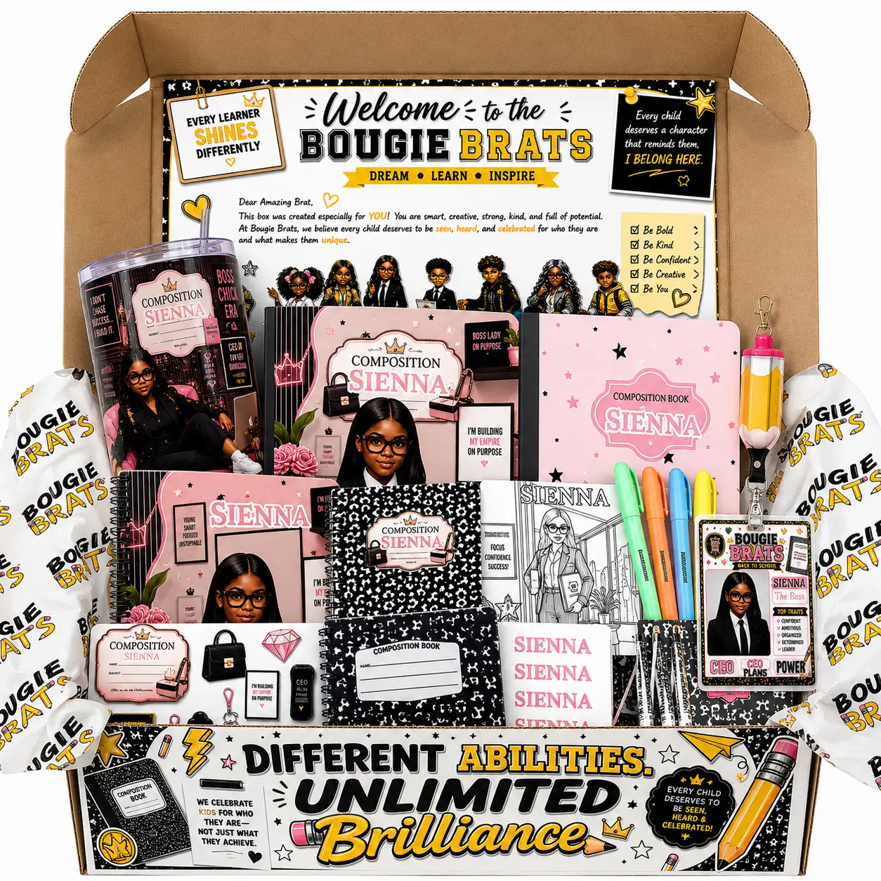 An open Bougie Brats box filled with personalized notebooks, pencils, stickers and a tumbler